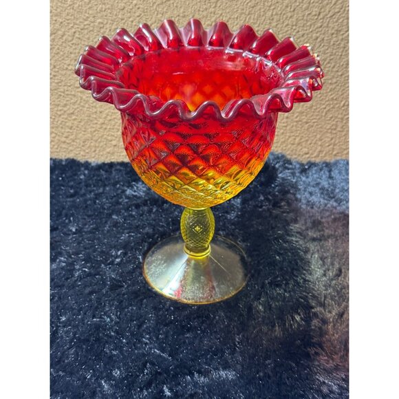 Vintage Viking Yesteryear Amberina Pineapple Diamond Point Compote Crimped EUC - Picture 1 of 6